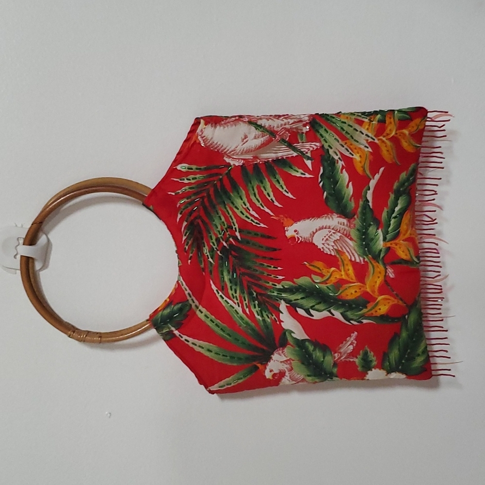 Vintage Embroidered Tropical Bird Purse with Bamboo Handles